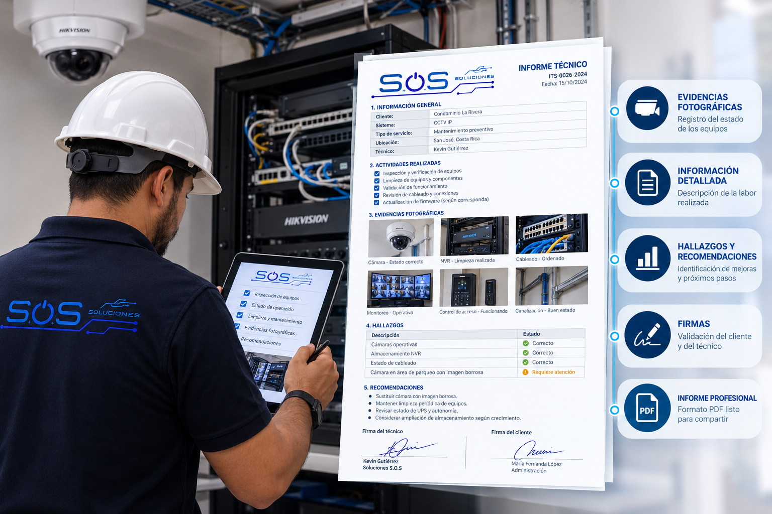 Ilustración de un informe técnico de Soluciones SOS con evidencias fotográficas, actividades, hallazgos, recomendaciones y firmas
