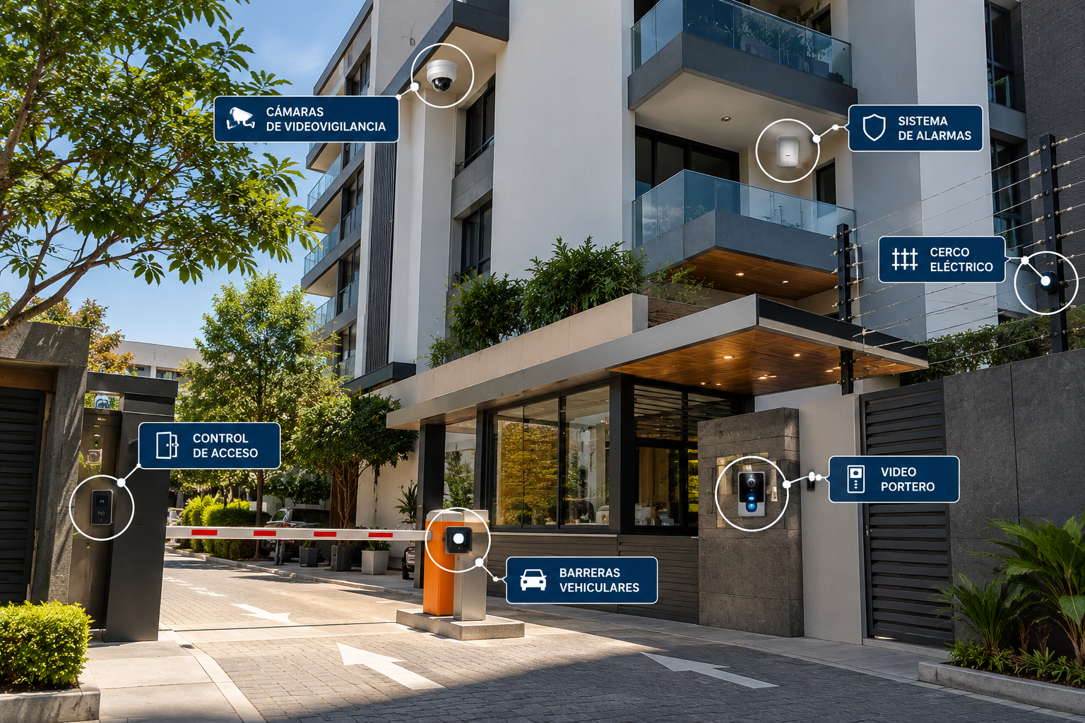 Edificio con ejemplos de cámaras de videovigilancia, alarmas, cerco eléctrico, control de acceso, videoportero y barrera vehicular
